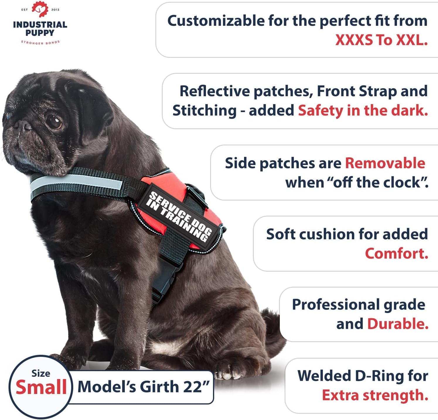 Service Dog in Training Vest Harness - Durable & Adjustable Dog Vest with Reflective Straps, Removable Patches, Handle & D-Ring, Travel and Daily Use, Small 19.5"-25", Bright Red