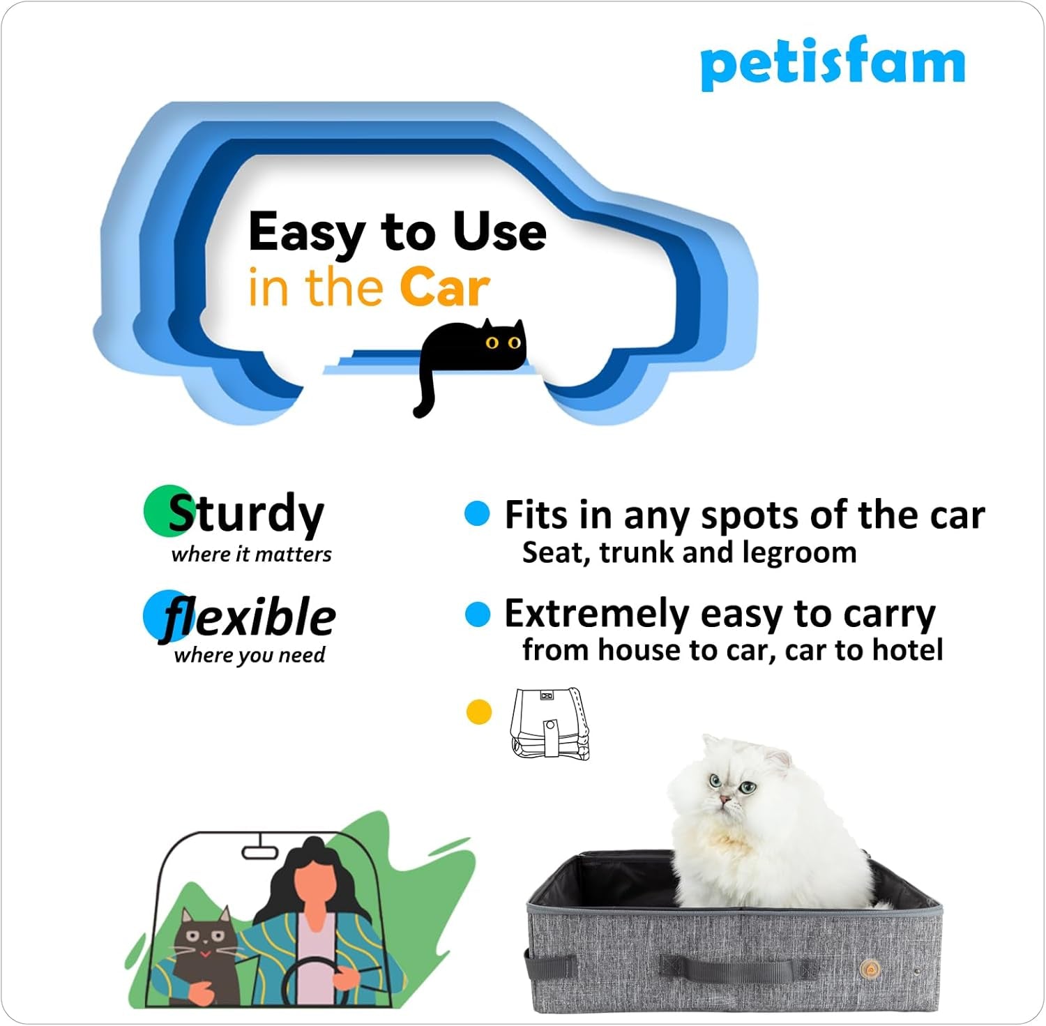 Large Portable Cat Travel Litter Box with Zipperd Top for Medium, Large or Multiple Cats. Odor Control, Leak-Proof, Lightweight for Easy Carry, Easy Storage, Easy to Clean